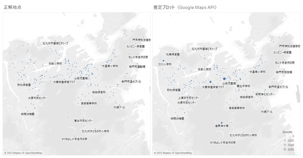 図１　地図上での正解地点（左）とGoogle Maps APIによる推定地点（右）